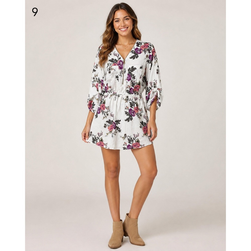 Wishful‎ Park Dress Womens Medium White Pink Floral Elastic Waist Zip Bust Lined